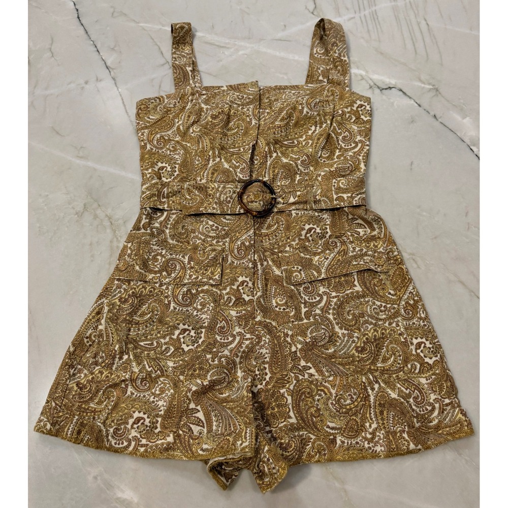 House of Harlow 1960 Linen Blend Paisley Belted‎ Romper Size 4 Tan Brown Boho